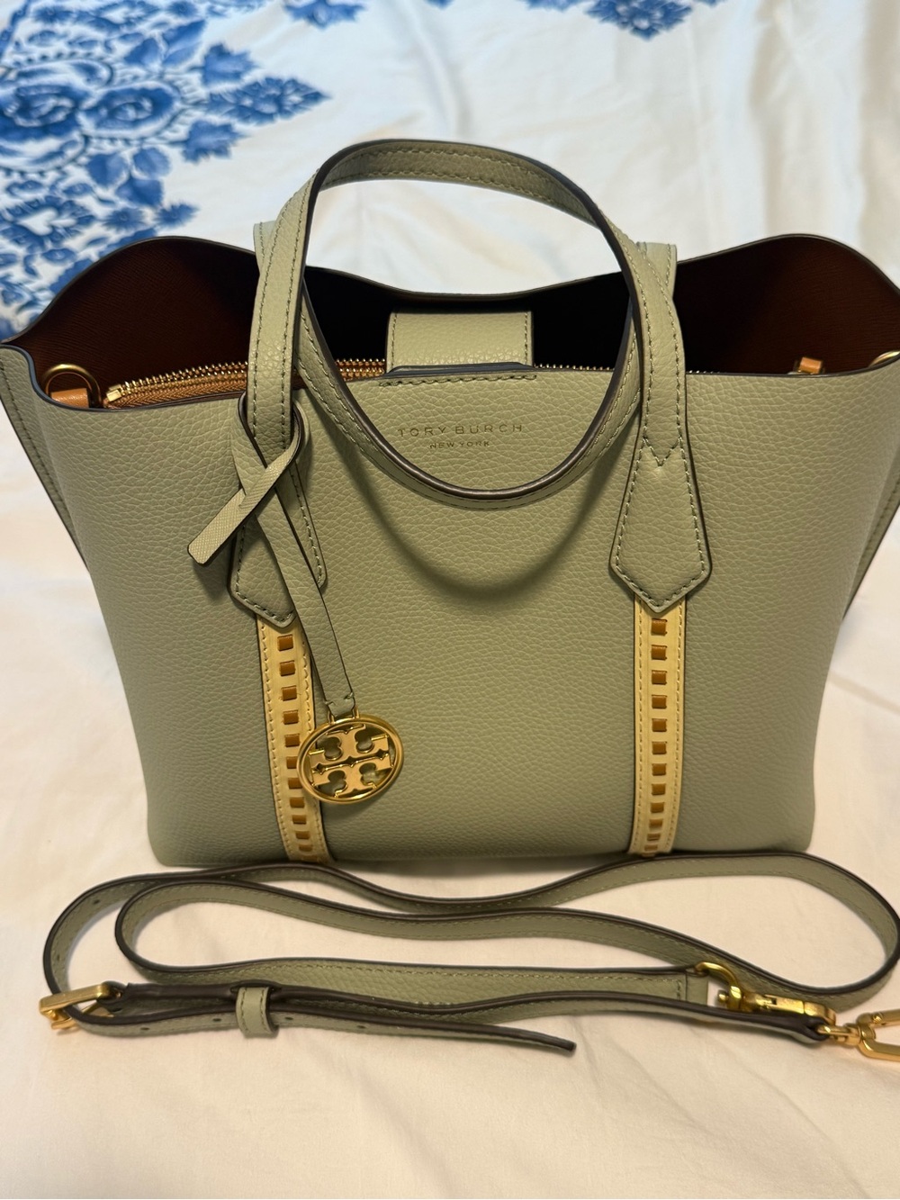 Tory Burch Sage Green Pebbled Leather Satchel with Cream Trim and Gold Hardware
